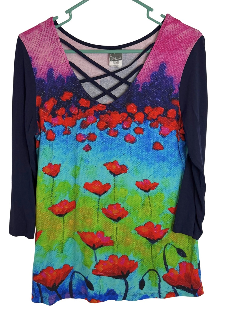Simply Art by Dolcezza V-Neck Floral 3/4 Sleeve Shirt Size Medium